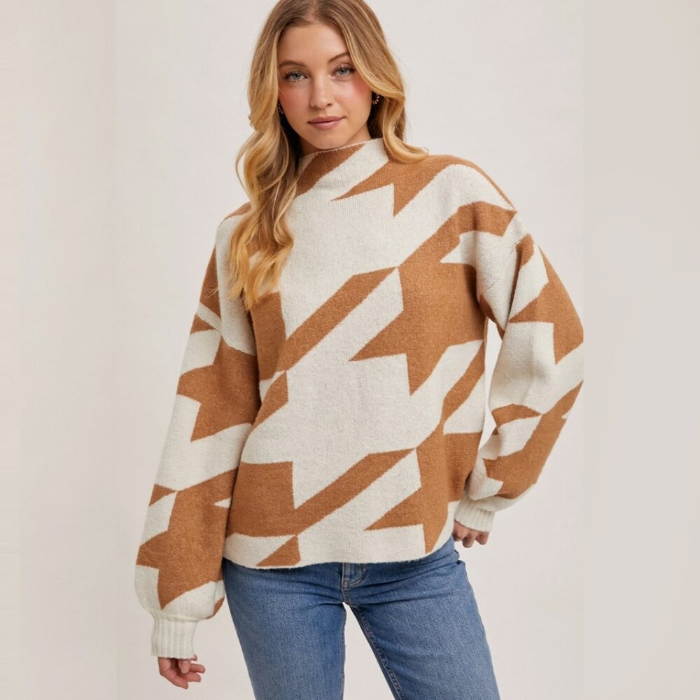 BLUIVY - TAUPE HOUNDSTOOTH MOCK NECK LOOSE FIT KNIT SWEATER